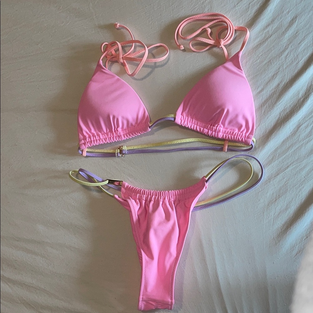 White Fox Boutique Pink Strappy Bikini Set